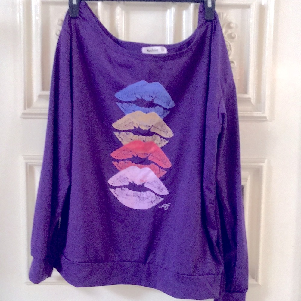 Women's Purple Top: Kissy Lips OFF-the-Shoulder Lightweight Long Sleeves Casual